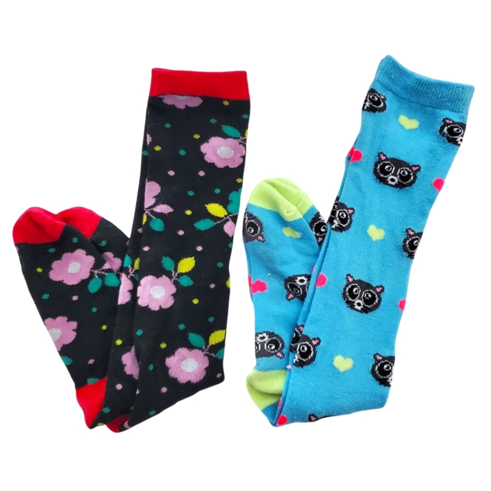 Womens Knee High Socks‎ Floral And Ring Tailed Monkey Print Blue Black One Size